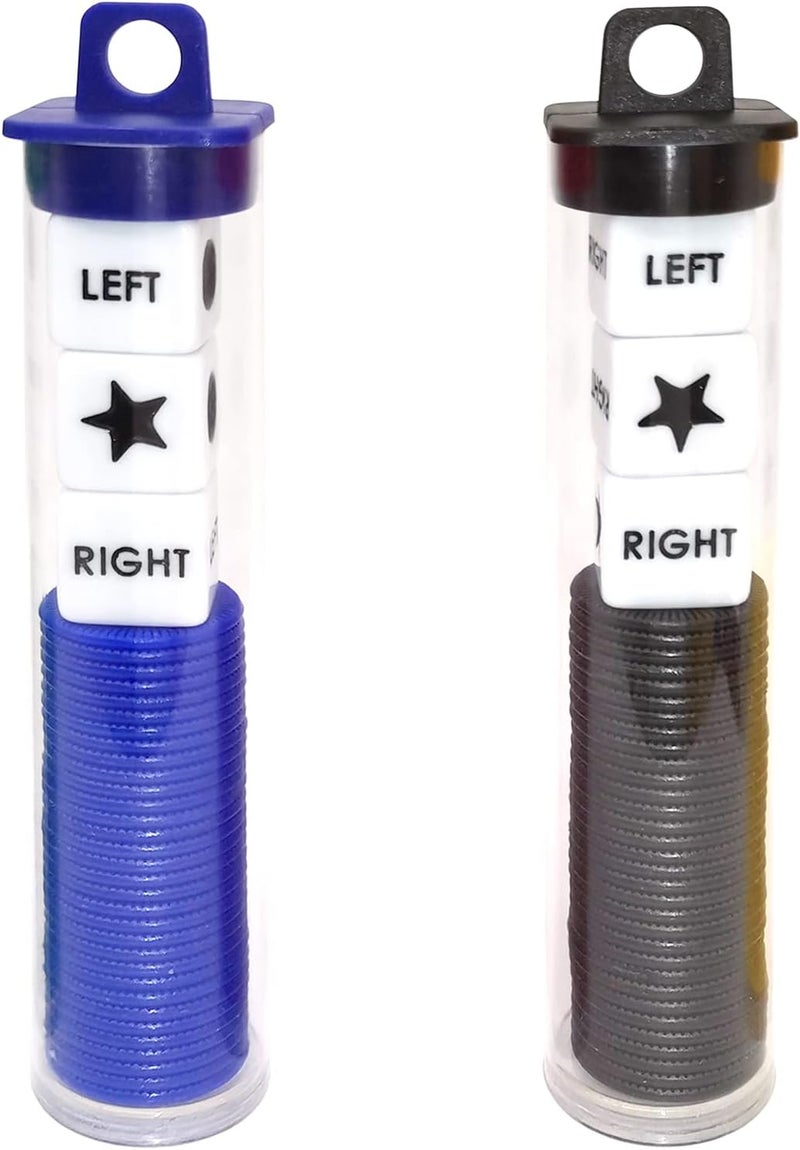 Ahoper Right Left Center Dice Game Prime Set Bundle with 3 Dices + 36 Chips. Round Tube Storage is Very Convenient for Travel. Easy to Store, Carry Around. (2 Pack) - Image 1